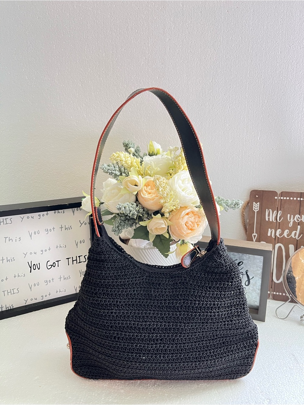 Gianini Black Woven Shoulder Bag with Brown Trim